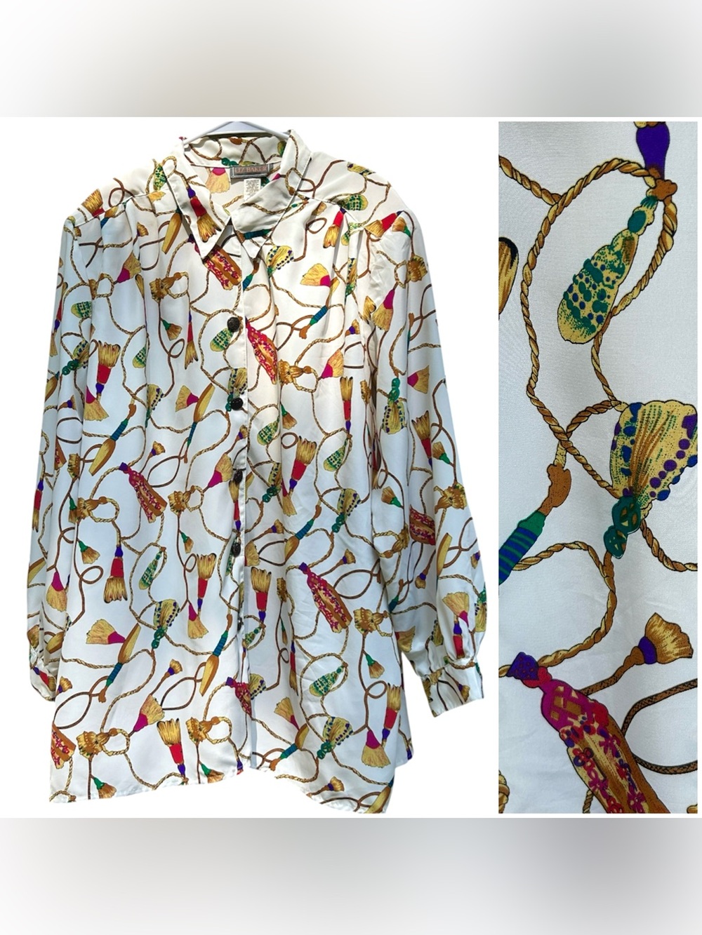 90s Plus Size Vintage Jewel Tone Tassel Print Antique Gold Button-Up Blouse